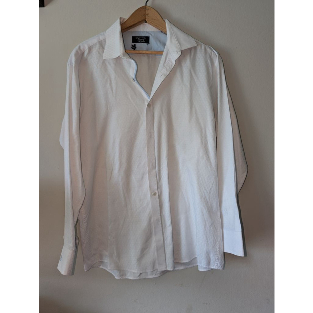 Penguin Men's White Blue Slim Fit Dress Shirt 15.5 34/35